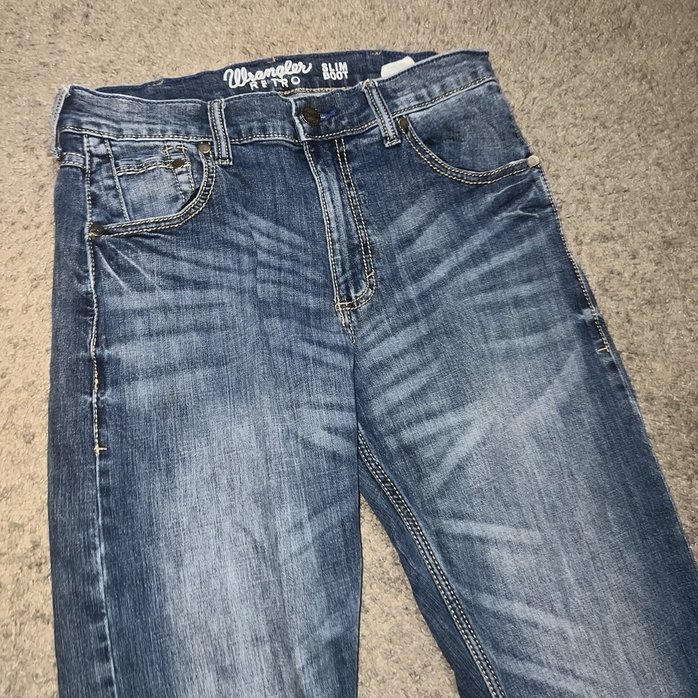 Wrangler Retro Jeans Mens 30x36 Blue Med Wash Denim Slim Boot Stretch 10WLT77LY